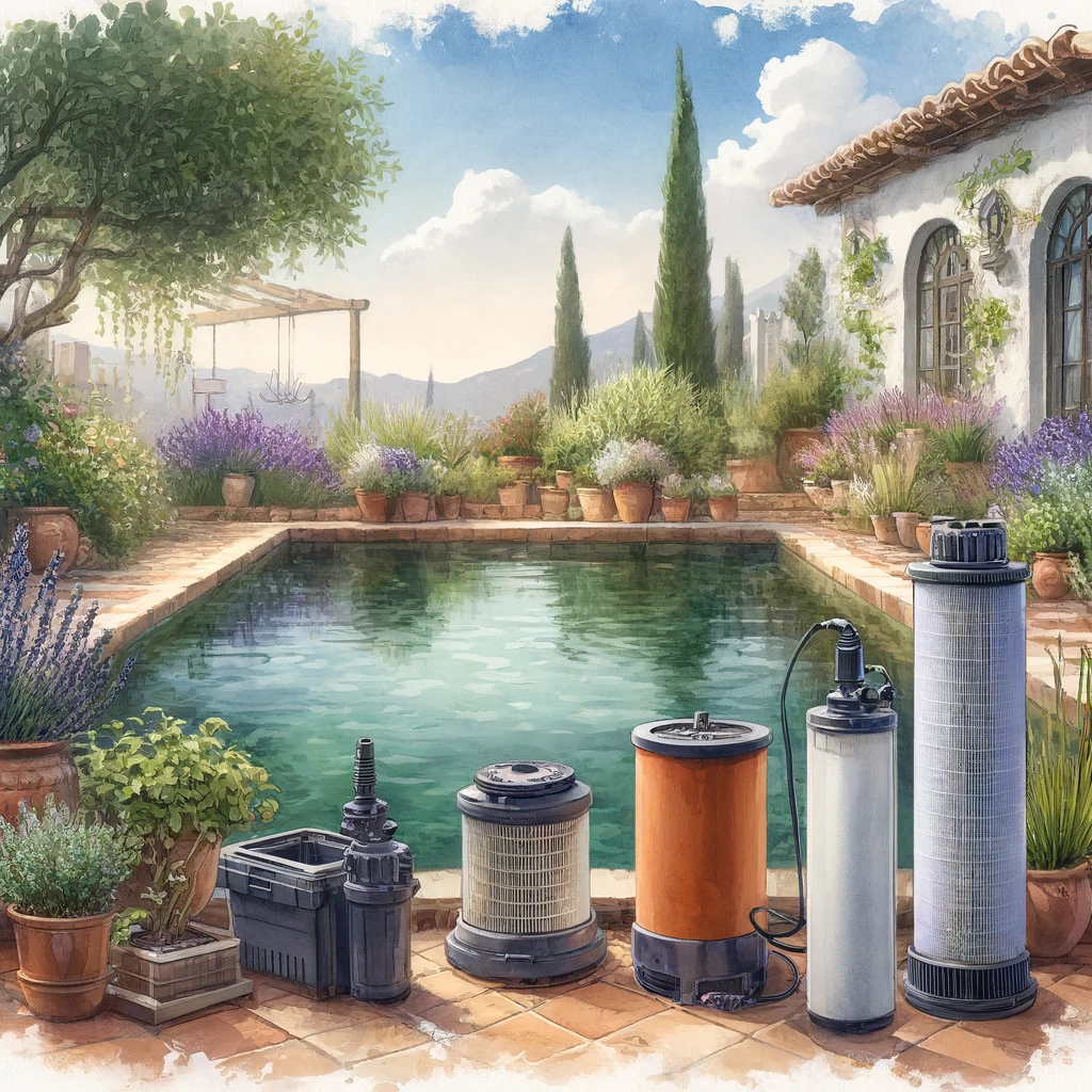 Filtros para estanques exteriores colocados junto a un estanque grande en un jardín, rodeados de plantas y flores, mostrando diferentes tipos de filtros para mantener el agua limpia y clara.